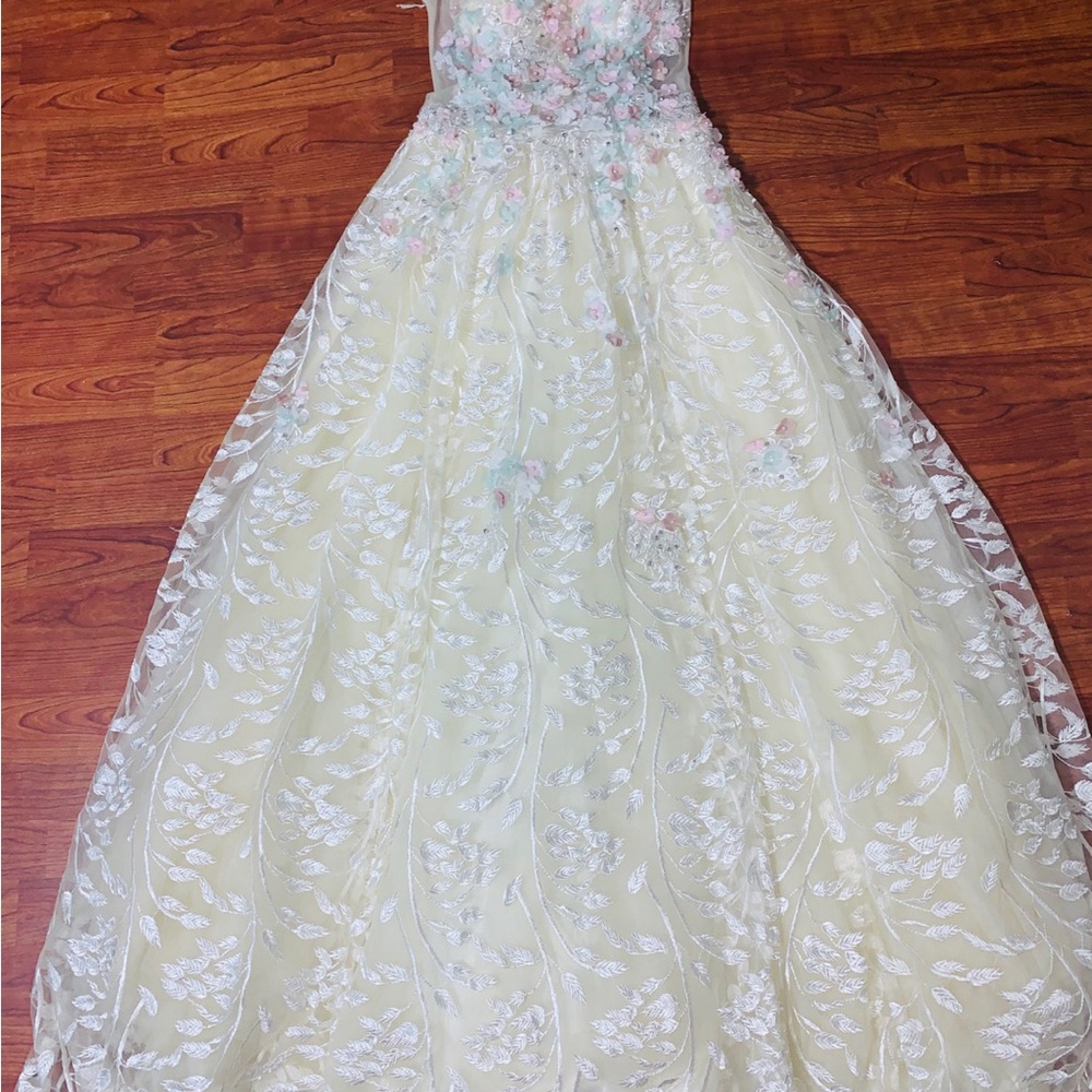 Cream and White Embellished Tiered Strapless Gown